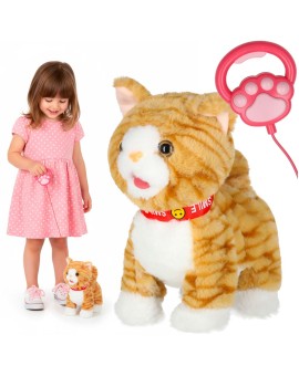 Kotek interaktywny na smyczy miauczy chodzi rusza ogonem beżowy