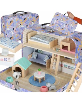 Domek w walizce hotel spa dla zwierząt drewniane mebelki figurki