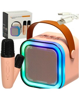 Zestaw do karaoke głośnik Bluetooth 2 mikrofony USB LED 6W różowy