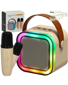 Zestaw do karaoke głośnik Bluetooth 2 mikrofony USB LED 6W beżowy