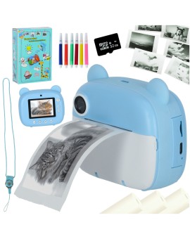 Aparat fotograficzny natychmiastowy drukarka termiczna + wkłady karta 32GB niebieski miś