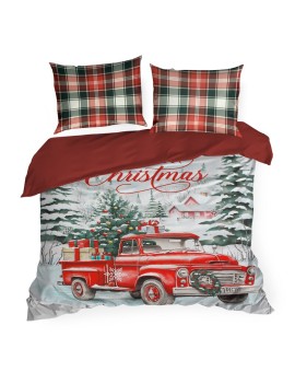 Pościel świąteczna 220x200 cm z bawełny ranforce, kolor czerwono, biały zdobiona uroczym nadrukiem świątecznego auta XMAS Eurofi