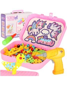 Klocki konstrukcyjne układanka w walizce kreatywna mozaika + wkrętarka jednorożec