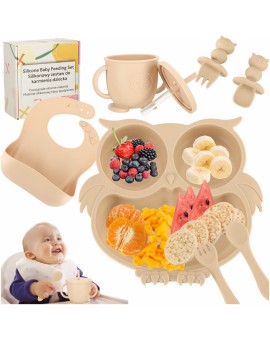 Naczynia silikonowe dla dzieci sowa zestaw 8 elementów beżowe