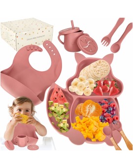 Naczynia silikonowe dla dzieci wiewiórka zestaw 9 elementów ciemny różowy