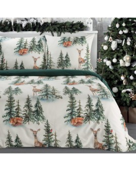 Pościel świąteczna 160x200 cm bawełna ranforce kolor biały, zielony z nadrukiem zimowego lasu DEER