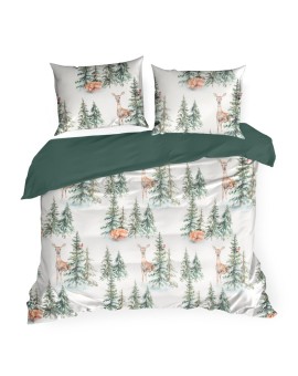 Pościel świąteczna 160x200 cm bawełna ranforce kolor biały, zielony z nadrukiem zimowego lasu DEER Eurofirany | Time- 2