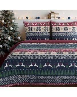 Pościel świąteczna 140x200 cm z bawełny ranforce, kolor granatowy, bordowy z nadrukiem w stylu skandynawskim SKANDY