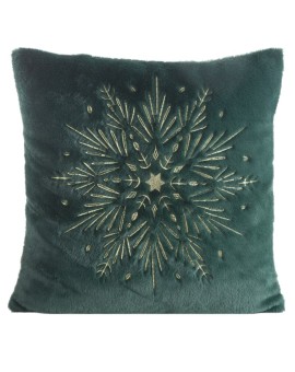Poszewka na poduszkę świąteczna  45x45 cm ciemnozielono, szampańska z przyjemnego futerka zdobiona haftem śnieżynki