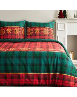 Pościel świąteczna 220x200 cm bawełna ranforce, kolor czerwony, zielony z nadrukiem kraty GLORY