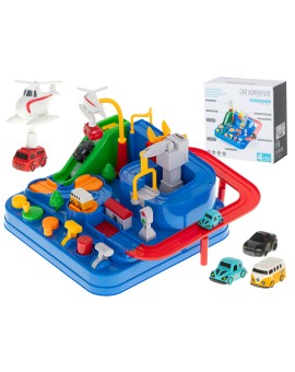 Tor przeszkód interaktywny samochodowy wyścigi parking 4 pojazdy auto autobus radiowóz wóz strażacki helikopter 24x24cm XL