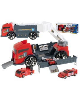 TIR laweta ciężarówka samochód transporter naczepa 2w1 parking resoraki straż pożarna 2 auta czerwone