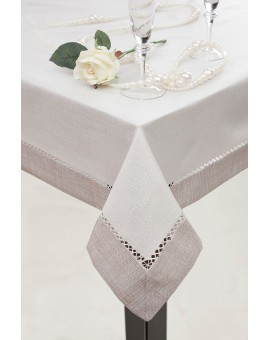 Bieżnik na stół biało, srebrny 85x85 cm EMMA z mereżką i ozdobną listwą