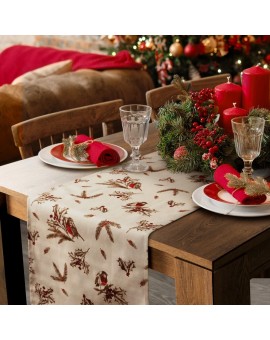 Bieżnik świąteczny 40x140 cm beżowo, brązowy bawełniany zdobiony zimowym motywem MELODY Eurofirany | Time- 2