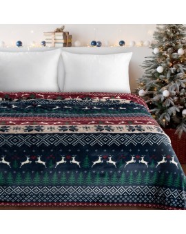 Koc świąteczny 150x200 cm  granatowo, bordowy zdobiony nadrukiem w stylu norweskim