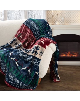 Koc świąteczny 150x200 cm  granatowo, bordowy zdobiony nadrukiem w stylu norweskim Eurofirany | Time- 2