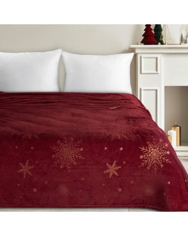 Koc świąteczny 150x200 cm bordowy, złoty zdobiony nadrukiem śnieżynek