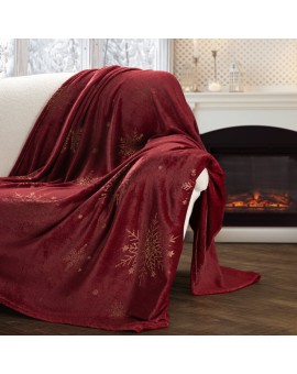 Koc świąteczny 150x200 cm bordowy, złoty zdobiony nadrukiem śnieżynek Eurofirany | Time- 2