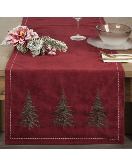 Bieżnik świąteczny na stół 40x183 cm bordowo, zielona zdobiony haftem choinek