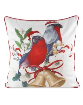 Poszewka na poduszkę świąteczna 45x45 cm biało, czerwona zdobiona uroczym nadrukiem ptaszków i elegancką wypustką