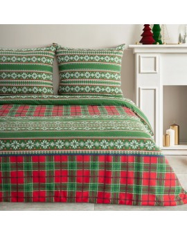 Pościel świąteczna 220x200 cm flanela bawełniana kolor zielony, czerwony z nadrukiem w stylu skandynawski AURORA