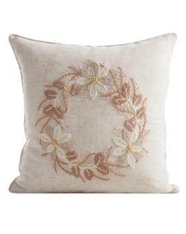 Poszewka na poduszkę świąteczna 45x45 cm o strukturze lnu beżowa zdobiona aplikacją