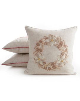 Poszewka na poduszkę świąteczna 45x45 cm o strukturze lnu beżowa zdobiona aplikacją Eurofirany | Time- 2