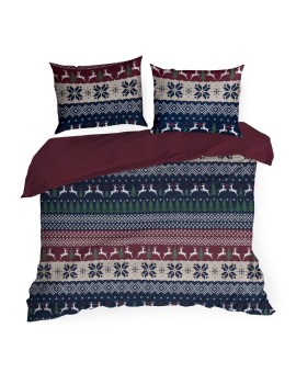 Pościel świąteczna 220x200 cm z bawełny ranforce, kolor granatowy, bordowy z nadrukiem w stylu skandynawskim SKANDY Eurofirany |