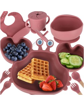 Naczynia silikonowe dla dzieci niemowląt krab zestaw 9 elementów ciemny róż