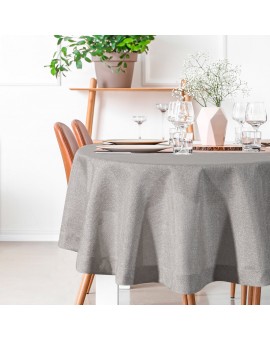 Obrus okrągły srebrny średnica 180 cm z tkaniny przypominającej płótno STELLA 2 z podwójną listwą na brzegach