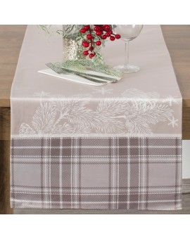 Bieżnik na stół beżowy 40x140 cm welwetowy HOLLY z motywem świątecznymi i ozdobną kantą w kratę