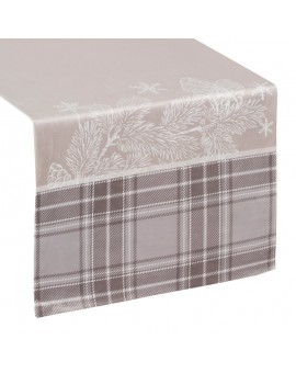 Bieżnik na stół beżowy 40x140 cm welwetowy HOLLY z motywem świątecznymi i ozdobną kantą w kratę Eurofirany | Time- 2