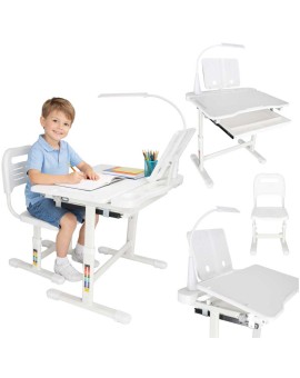 Biurko dziecięce szkolne regulowane krzesło lampka LED USB białe