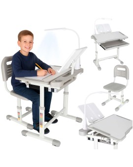 Biurko dziecięce szkolne regulowane krzesło lampka LED USB szare