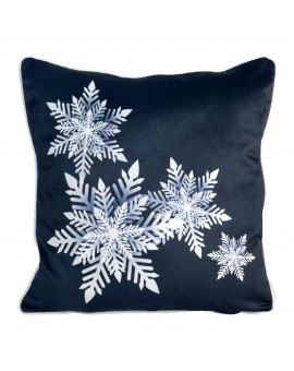 Poszewka na poduszkę 60x60 cm welwetowa, granatowo biała zdobiona nadrukiem ze śnieżynkami CAROL