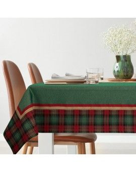 Obrus gobelinowy STAR z motywem złotych śnieżynek i ozdobną kantą w kratę