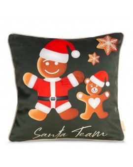 Poszewka na poduszkę 45x45 cm welwetowa, zielono czerwona ze świątecznym motywem pierników GINGER