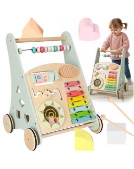 Pchacz dla dziecka chodzik drewniany z liczydłem niebieski