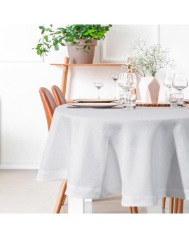 Obrus okrągły biały średnica 120 cm z tkaniny przypominającej płótno STELLA 2 z podwójną listwą na brzegach